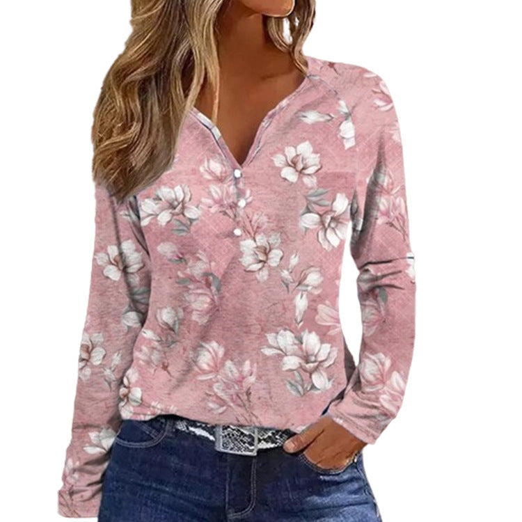 Vintage Printed Shirt V-neck Long Sleeve Top