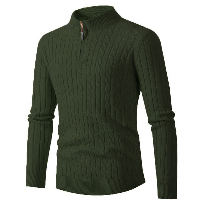 Men's Thick Twist Sweater Zipper Half Open High Collar Warm Sweater Bottoming Shirt