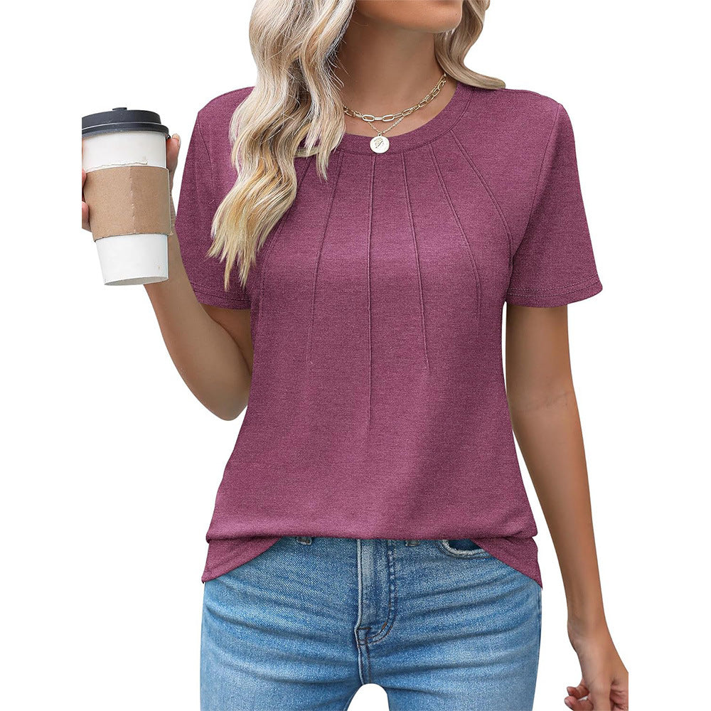 Pleated Round Neck Short Sleeve Women's Top