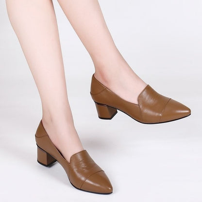 Soft Leather Low-cut Soft Leather Pointed Toe Thick Heel Leather Shoes