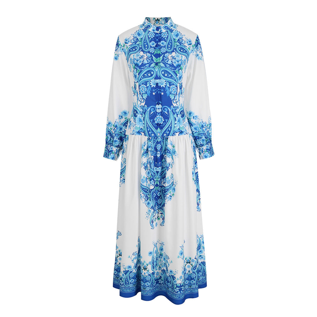 Blue Print Round Neck Slim-fit Long-sleeved National Dress