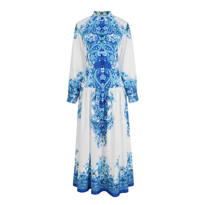 Blue Print Round Neck Slim-fit Long-sleeved National Dress