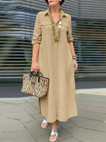 Solid Color Long Sleeve Button Lapel Plus Size Dress