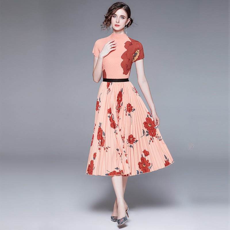 Printed Dress Pleated Fashion Suit Two-piece Set