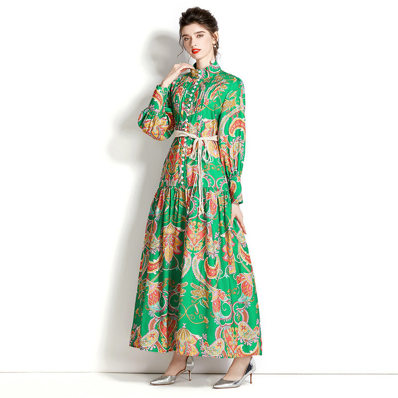 Retro Stand-up Collar Puff Sleeve Pleated Wavy Long Printed Dress