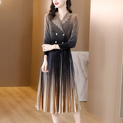 Suit Collar Large Hem Pleated Pleuche Dress