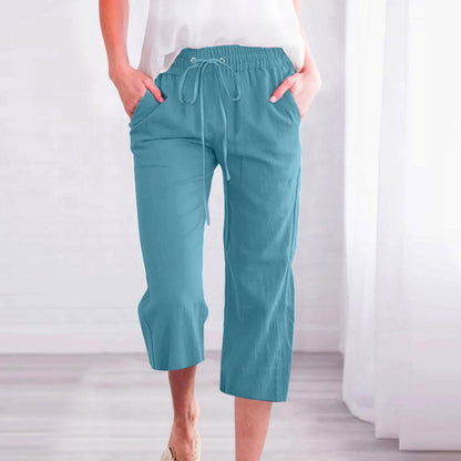 Women's Solid Color Drawstring Cotton And Linen Casual Loose Straight Pocket Home Cropped Pants