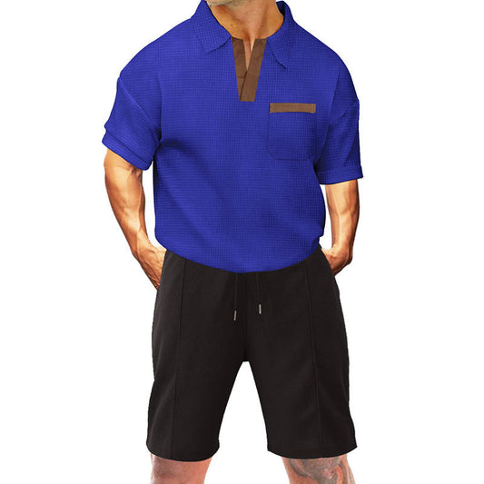 Waffle Suit Summer Lapels Men's Short Sleeve Shorts Two-piece Suit