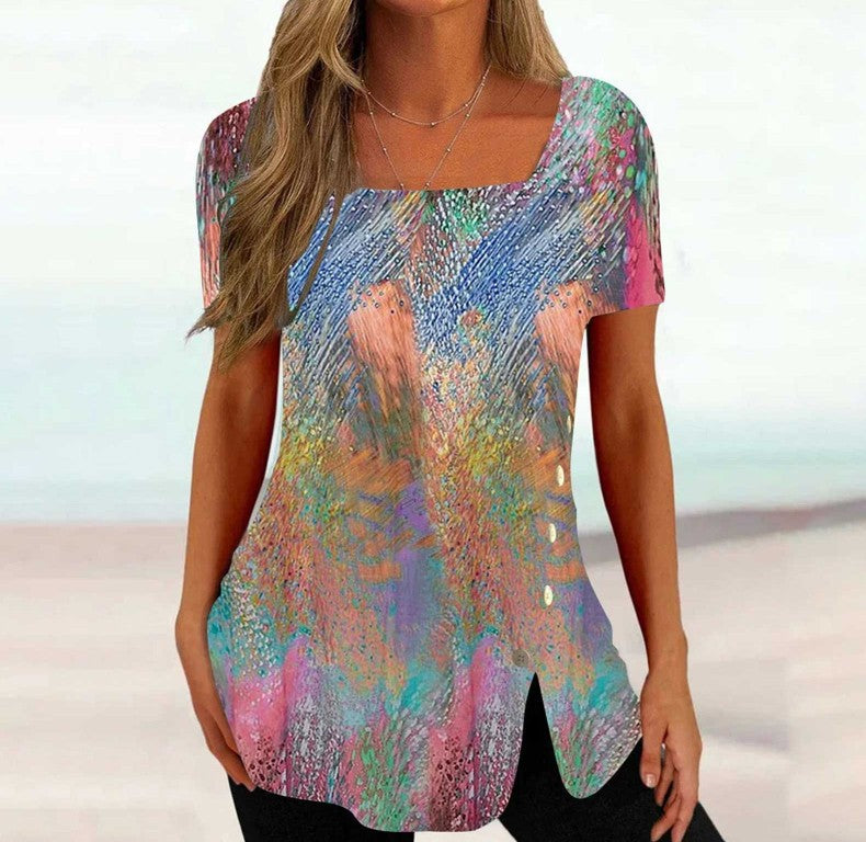 Cross-border New Print Short Sleeve Irregular Button Split Printed Women's T-shirt