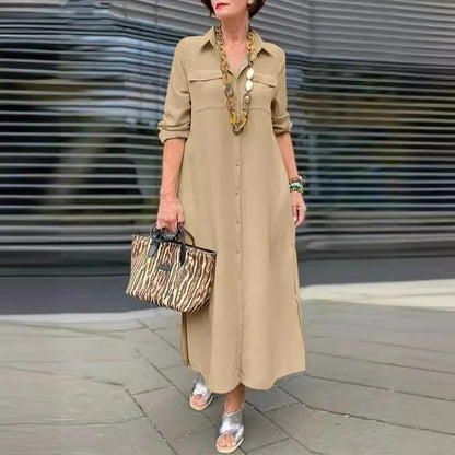 Solid Color Long Sleeve Button Lapel Plus Size Dress