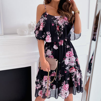 Chiffon Printed Off-shoulder Dress