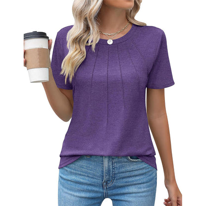 Pleated Round Neck Short Sleeve Women's Top