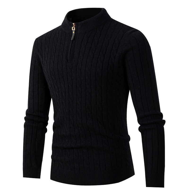 Men's Thick Twist Sweater Zipper Half Open High Collar Warm Sweater Bottoming Shirt