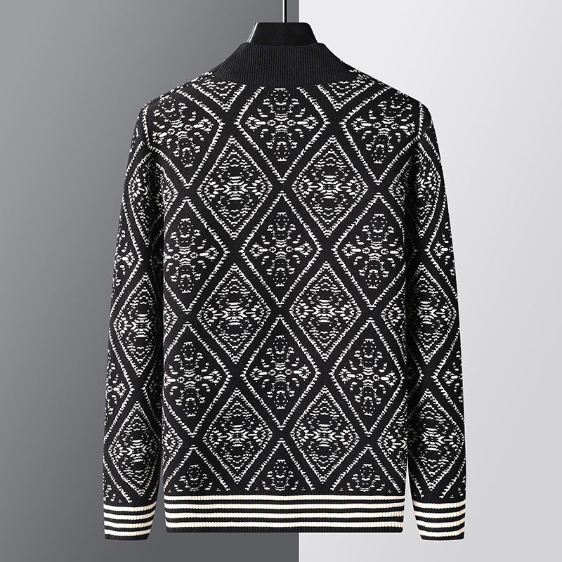 Spring And Autumn New Jacquard Cardigan V-neck Sweater Men