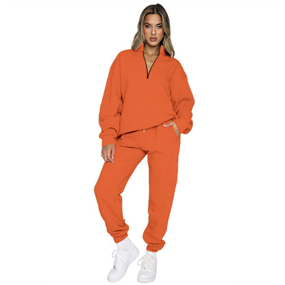 Women's Fashion Zipper Pullover Long Sleeve Sweater Two-piece Set