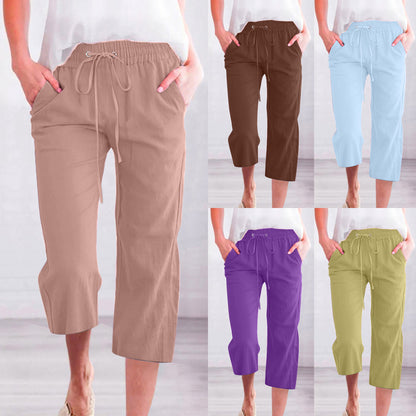 Women's Solid Color Drawstring Cotton And Linen Casual Loose Straight Pocket Home Cropped Pants