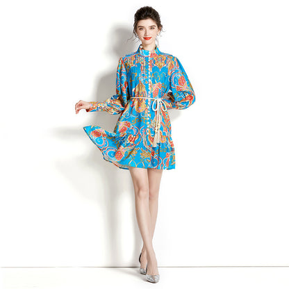 Retro Stand-up Collar Puff Sleeve Pleated Wavy Edge Short Print Dress