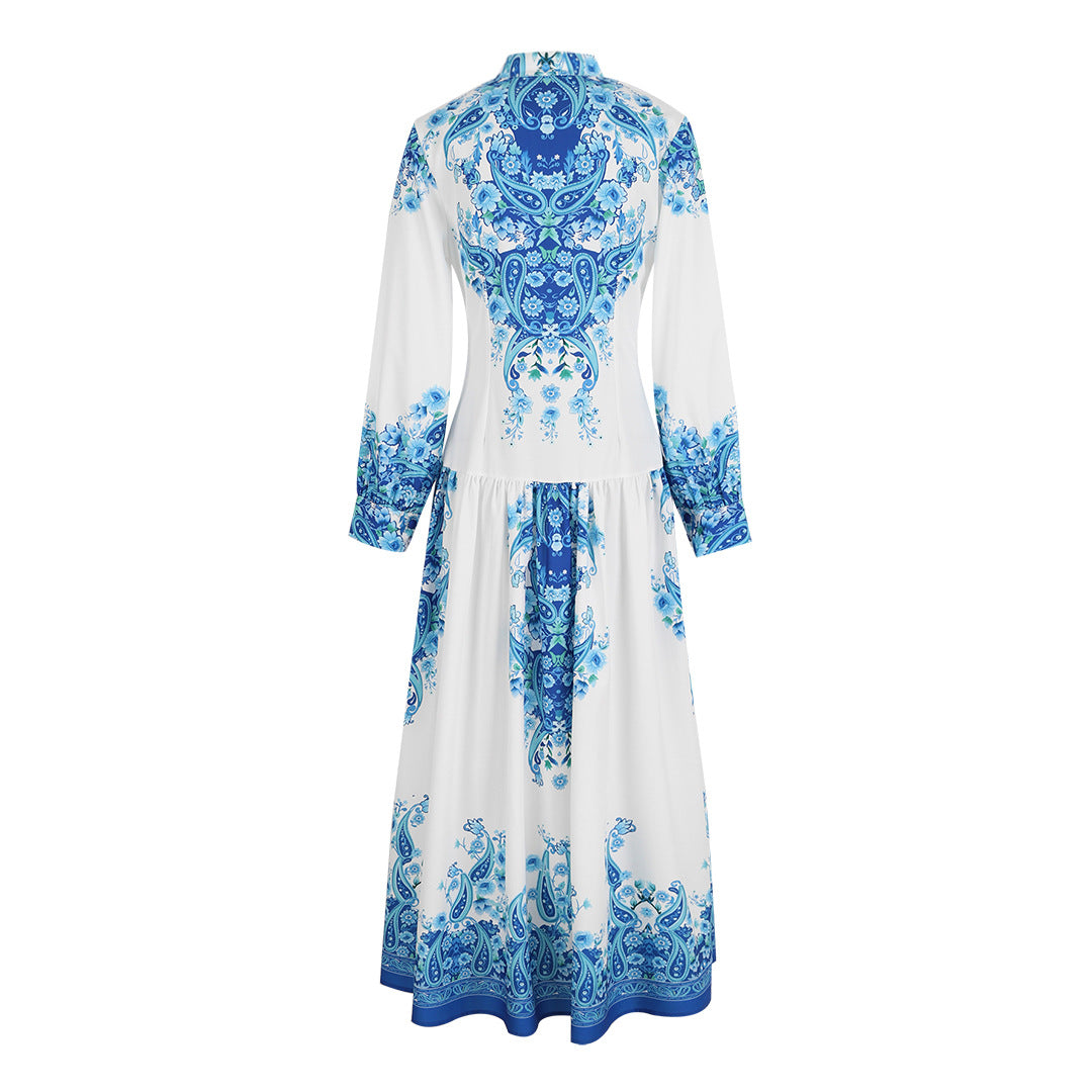 Blue Print Round Neck Slim-fit Long-sleeved National Dress