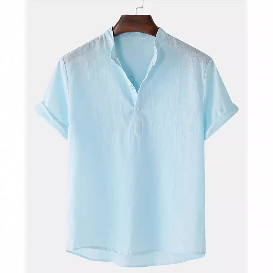 Men's Cotton And Linen Breathable Solid Color Short Sleeve