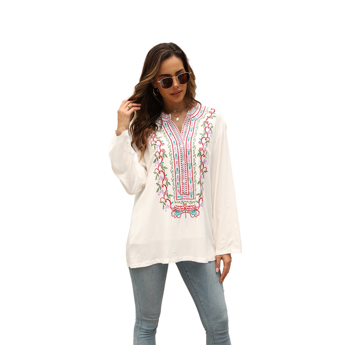 Women's Embroidered Mid-length Stand Collar Shirt