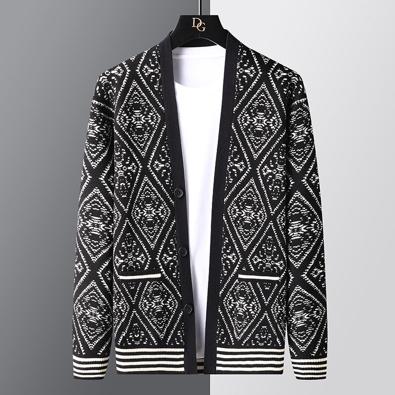 Spring And Autumn New Jacquard Cardigan V-neck Sweater Men