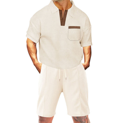 Waffle Suit Summer Lapels Men's Short Sleeve Shorts Two-piece Suit