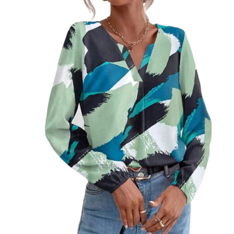 Multicolor Irregular Graffiti Round Neck Long Sleeve Women's Shirt