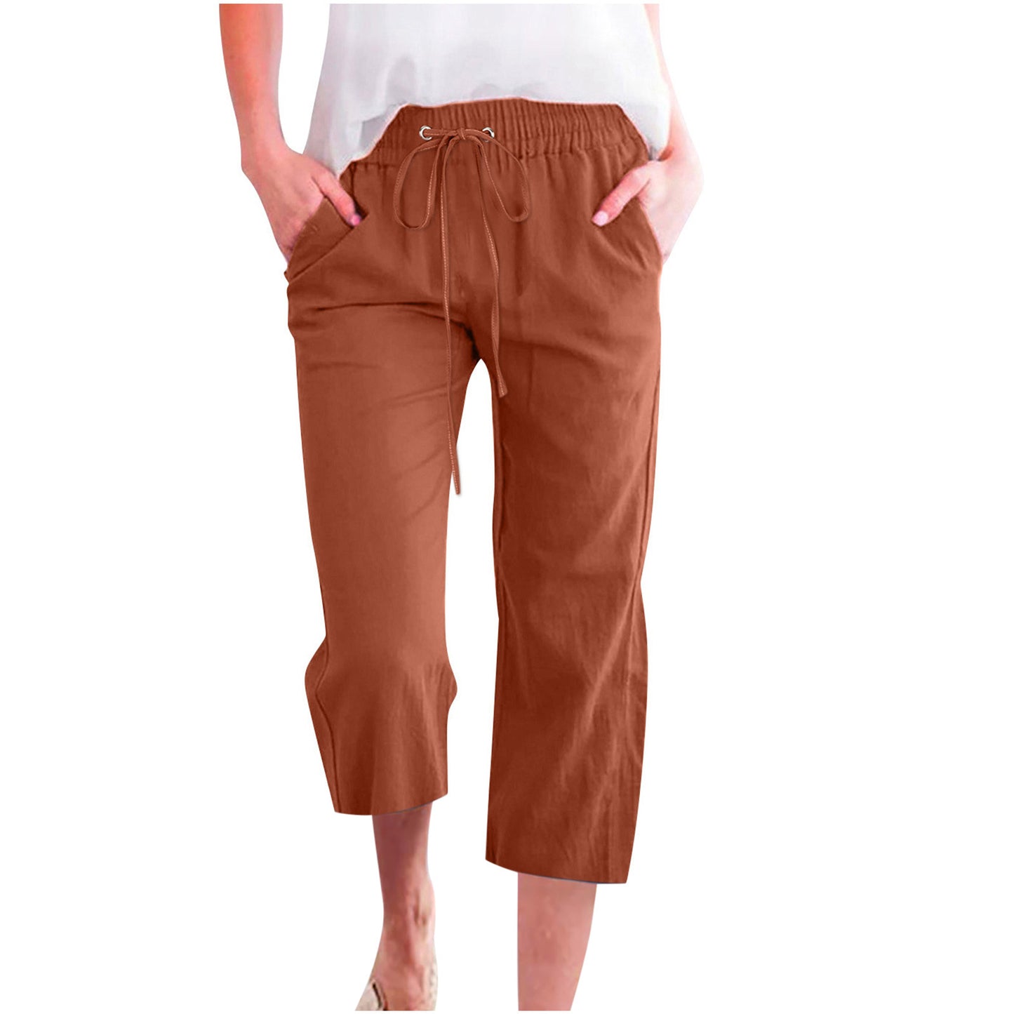 Women's Solid Color Drawstring Cotton And Linen Casual Loose Straight Pocket Home Cropped Pants