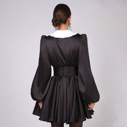 Doll Collar Dress European And American Autumn And Winter Annual Meeting Elegant Lantern Sleeve With Waist Seal Short