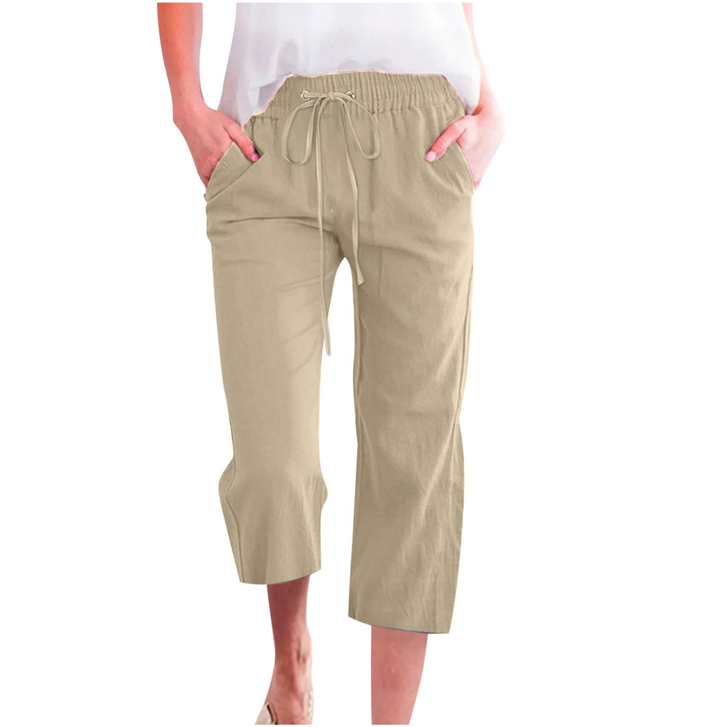 Women's Solid Color Drawstring Cotton And Linen Casual Loose Straight Pocket Home Cropped Pants