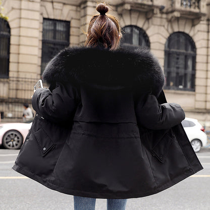 New Fleece-lined Mid-length Big Fur Collar Thicken Cotton Clothes Coat