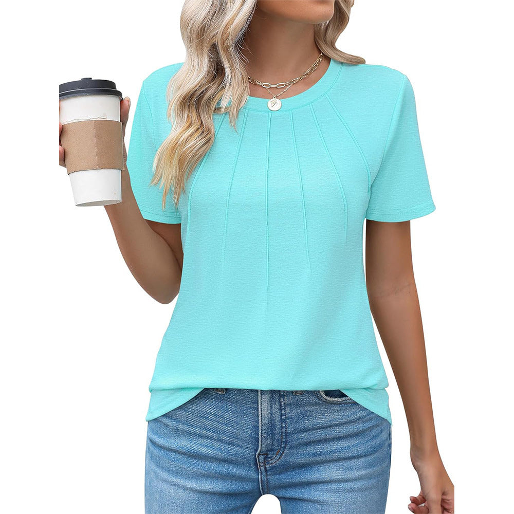 Pleated Round Neck Short Sleeve Women's Top