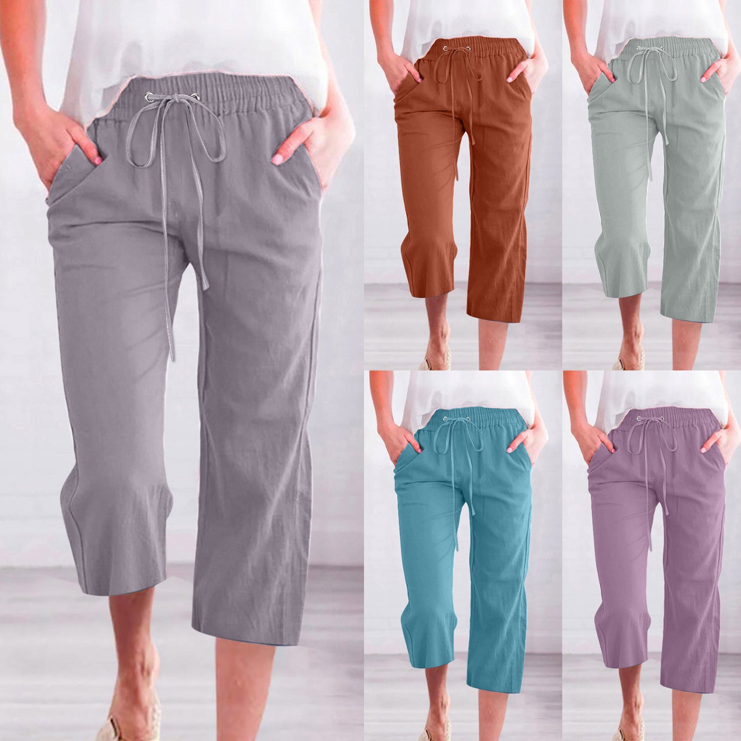 Women's Solid Color Drawstring Cotton And Linen Casual Loose Straight Pocket Home Cropped Pants