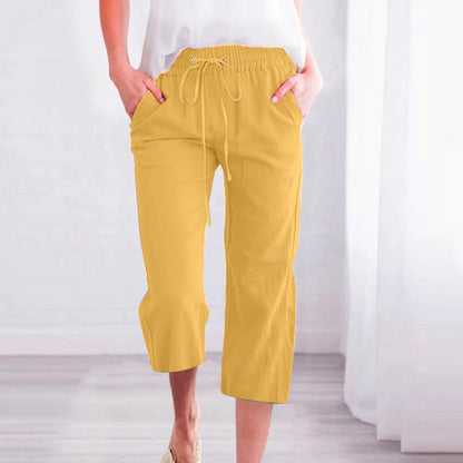 Women's Solid Color Drawstring Cotton And Linen Casual Loose Straight Pocket Home Cropped Pants