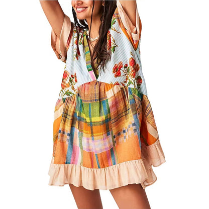 Women's Printed Striped Short Sleeve V-neck Dress