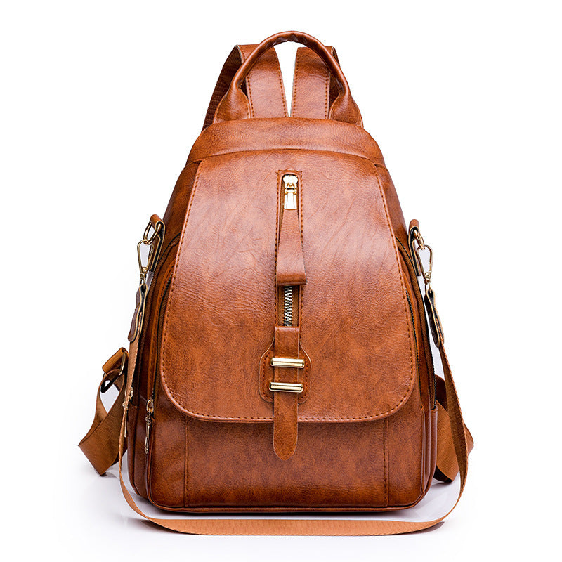 Retro Solid Color Outdoor Casual Mom Bag Soft Leather Large Capacity Backpack