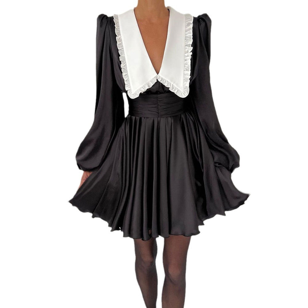 Doll Collar Dress European And American Autumn And Winter Annual Meeting Elegant Lantern Sleeve With Waist Seal Short