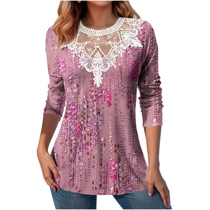 Lace Patchwork Round Neck Top Fashion Casual Printing Loose Long Sleeve Top Women