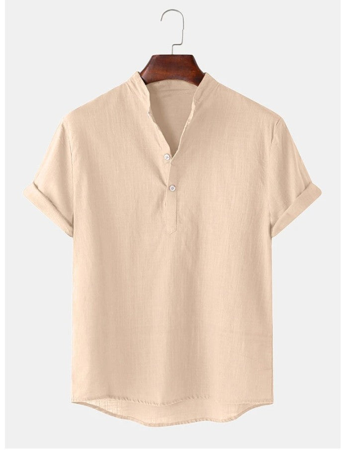 Men's Cotton And Linen Breathable Solid Color Short Sleeve