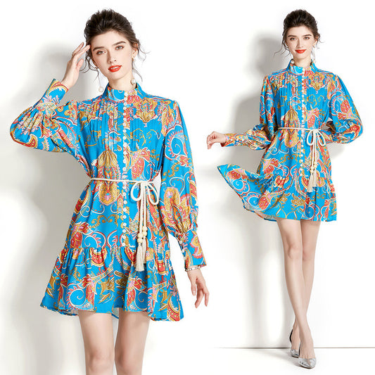 Retro Stand-up Collar Puff Sleeve Pleated Wavy Edge Short Print Dress