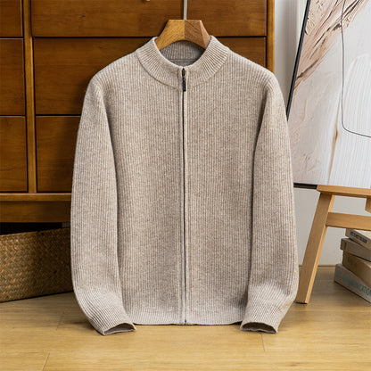 Casual Solid Color Stand Collar Zipper Knitted Cardigan