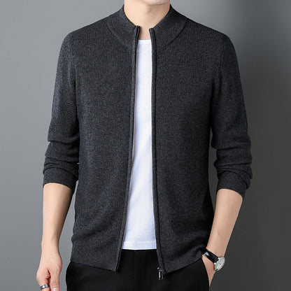 Casual Solid Color Stand Collar Zipper Knitted Cardigan