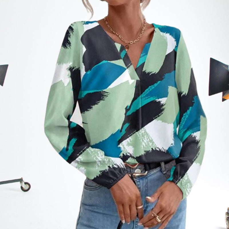 Multicolor Irregular Graffiti Round Neck Long Sleeve Women's Shirt