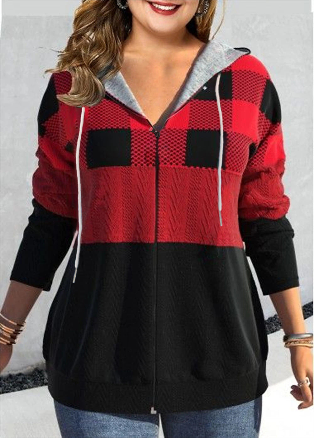 Women's Zipper Cardigan Hooded Plaid Printed Sweater