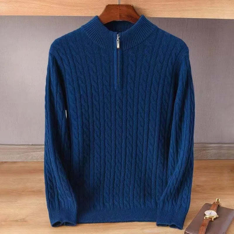 Men's Thick Twist Sweater Zipper Half Open High Collar Warm Sweater Bottoming Shirt