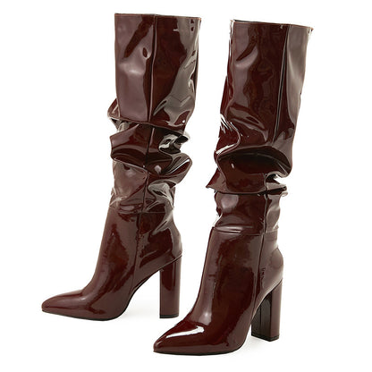 Women's Pointed Toe Chunky Heel Patent Leather Middle Boots