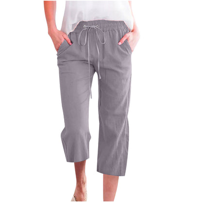 Women's Solid Color Drawstring Cotton And Linen Casual Loose Straight Pocket Home Cropped Pants