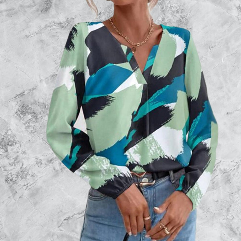 Multicolor Irregular Graffiti Round Neck Long Sleeve Women's Shirt