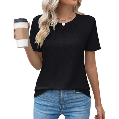 Pleated Round Neck Short Sleeve Women's Top