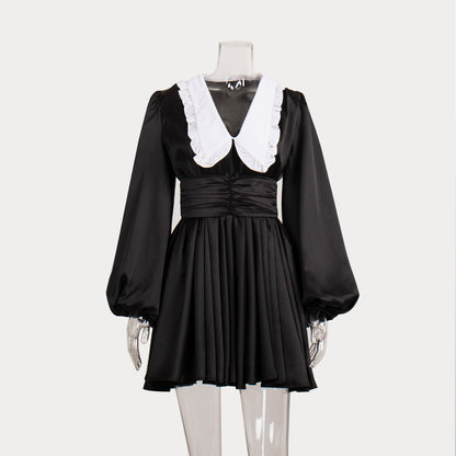 Doll Collar Dress European And American Autumn And Winter Annual Meeting Elegant Lantern Sleeve With Waist Seal Short